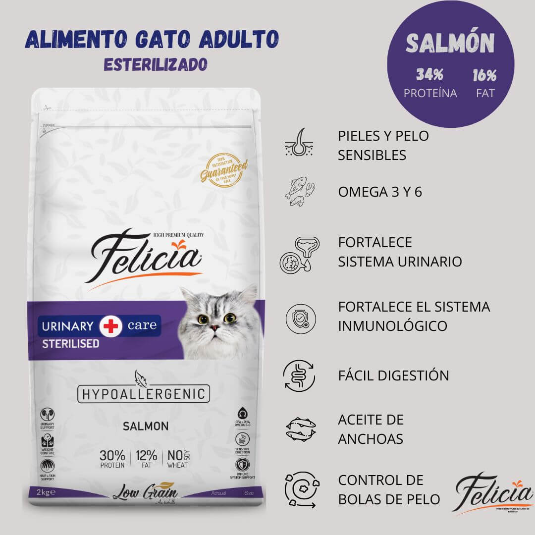 Alimento Hipoalergénico Felicia Salmón 2kg - Gato Esterilizado, Alimento Gato